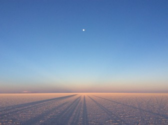 The Salt Flats of Uyuni, Bolivia. Taken on 14 September 2016. The setting sun casts full shadows of our group onto the ...