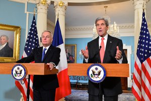 U.S. Secretary Kerry of State John Kerry addresses reporters with French Foreign Minister Jean-Marc Ayrault after a meeting at the U.S. Department of State in Washington, D.C. on October 7, 2016.