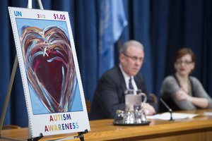 Press conference to launch the United Nations 2012 Autism Awareness Postage Stamps. Speakers: David Failor, Chief of the United Nations Postal Administration, and Rorie Katz, Head of Graphic Design for United Nations Postal Administration.