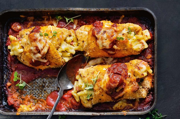 Mac 'n' cheese stuffed chicken schnitzel roll-ups