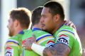 Joseph Leilua celebrates with his Raiders teammates in their win over Manly.