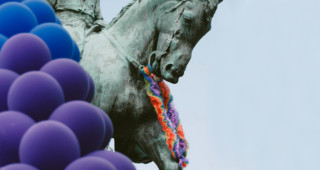 General Robert E. Lee’s horse, Traveler, was gaily festooned at the Cville Pride Festival, until someone called police and accused the festival of defacing the statue. Guillermo Ubilla; SCHMIDT: Courtesy subject