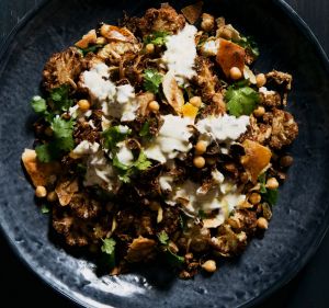 Cauliflower and chickpea salad with almonds, fried onion and sultanas.