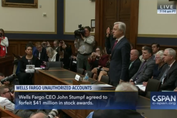 Wells Fargo CEO John Stumpf being sworn in . Still from CSPAN broadcast.