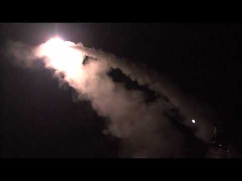 U.S. Navy Destroyer launches Tomahawk cruise missiles at NIGHT