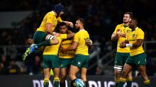 Samu Kerevi of Australia celebrates a try.