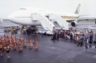 The inaugural flight of Singapore Airlines to Christchurch touches down to much fanfare.