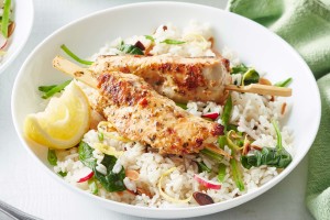 Chicken souvlaki with spring pilaf