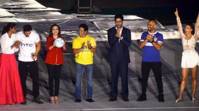 P V Sindhu, John Abraham, Nita Ambani, Sachin Tendulkar, Abhishek Bachchan, M S Dhoni and Jacqueline Fernandez during the opening ceremony of the Indian Super League (ISL).