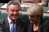 Minister Julie Bishop admires the Headspace wristband of Leader of the House Christopher Pyne during question time at ...