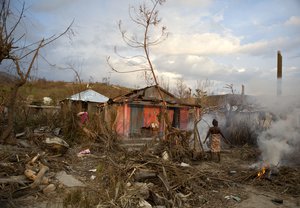 Residents burn the debris of trees shattered by Hurricane Matthew, near Port-a-Piment, Haiti, Monday, Oct. 10, 2016.