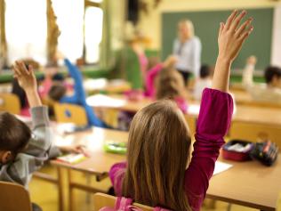 Rear view of elementary school children with raised arms.