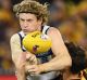 The Cats' Josh Caddy handballs while being tackled by Hawk Ben Stratton in a qualifying final.