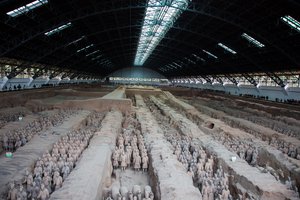 File - The Terracotta Army is a collection of terracotta sculptures depicting the armies of Qin Shi Huang, the first Emperor of China. Pit one, which is 230 metres long and 62 metres wide, contains the main army of more than 6,000 figures.