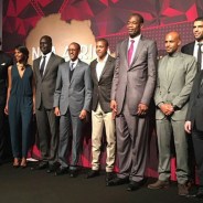 Rwandan President Paul Kagame is fourth from left in this lineup of NBA players, managers and officials at the NBA All Star Weekend festivities in Toronto Feb. 14.