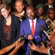 At a press conference held Jan. 22 by Burundian President Pierre Nkurunziza, center, U.S. Ambassador to the U.N. Samantha Power stands to his left, Angolan Ambassador to the U.N. Ismael A. Gaspar Martins to his right. – Photo: Reuters