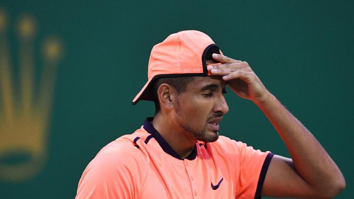 Nick Kyrgios of Canada reacts to his serve against Mischa Zverev of Germany during their men's singles match at the Shanghai Masters tennis tournament in Shanghai on October 12, 2016. / AFP PHOTO / JOHANNES EISELE