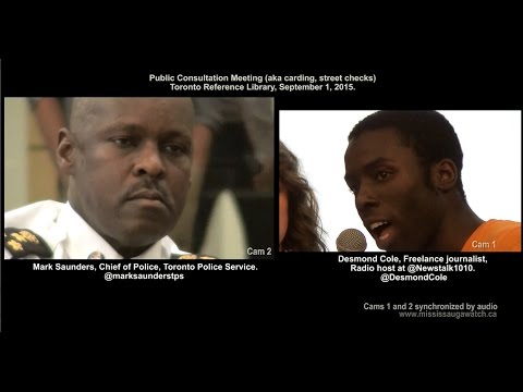 Desmond Cole and Police Chief Mark Saunders (split-screen) Toronto Carding Consultation meeting