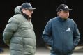 Big weekend: Trainers Lee Freedman and Andreas Wohler (right) watch trackwork at Werribee. Wohler has horses running in ...