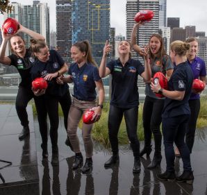 The top eight selections in the first AFL women's draft celebrate in Melbourne on Wednesday.