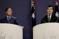 Yuhu Group chief executive Huang Xiangmo and Sam Dastyari at a press conference for the Chinese community in Sydney in June.