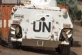 UN peacekeeper armoured personnel vehicle in a refugee camp in Juba, South Sudan. 