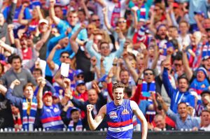 MELBOURNE, AUSTRALIA - OCTOBER 01: Zaine Cordy of the Bulldogs celebrates after kicking a goal during the 2016 Toyota ...