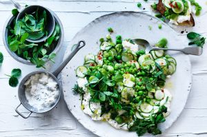 Homemade ricotta with smashed broad beans, peas and mint.