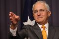 Prime Minister Malcolm Turnbull and Minister Christopher Pyne during a press conference at Parliament House in Canberra ...