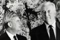 Former PM Gough Whitlam and director of the Australian National Gallery James Mollison (left) in front of Jackson ...