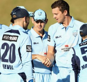 Spearhead: Josh Hazlewood celebrates with teammates after taking the wicket of Ben Cutting of the Bulls.