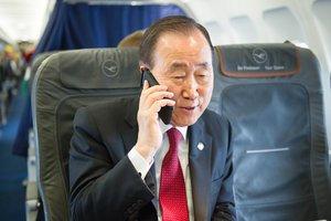 Secretary-General Ban Ki-moon congratulates Mr. Guterres by phone from a flight in Europe