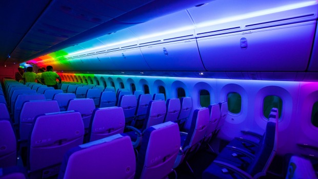 The interior of a Boeing 787 Dreamliner operated by Scoot.