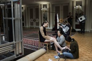 PARIS, FRANCE - OCTOBER 04: ( EDITORS NOTE: Image has been desaturated.) A model poses backstage prior the Valentin ...