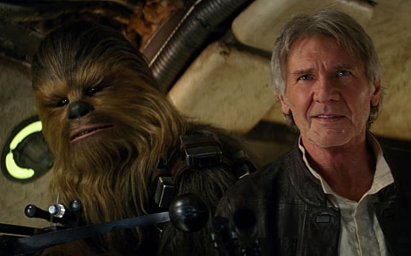 Harrison Ford (Han Solo) and Chewbacca the Wookie (Peter Mayhew) in Star Wars: The Force Awakens