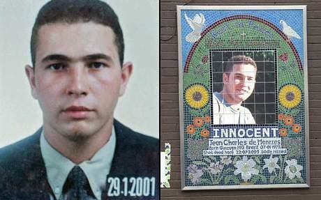 Jean Charles de Menezes (left) and the mosaic memorial to him (right) near the entrace to Stockwell underground station 