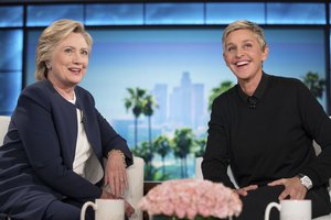 Democratic presidential candidate Hillary Clinton and Ellen Degeneres sit together during a commercial break at a taping of The Ellen Show in Burbank, Thursday, Oct. 13, 2016.