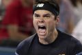 Milos Raonic celebrates his win over Roger Federer in the Brisbane International final in January.