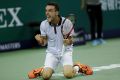 Roberto Bautista Agut celebrates after win over Novak Djokovic.