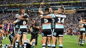 A long time coming: Cronulla players celebrate. 