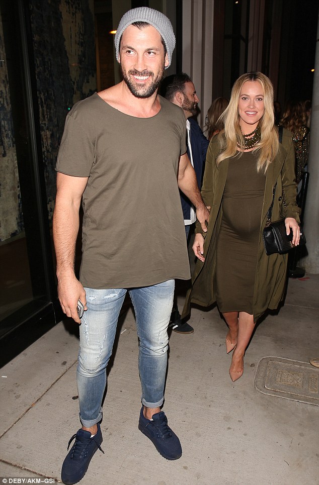 Happily ever after: His first child with fiancee Peta Murgatroyd is due in January; pictured with Peta on October 8 after dinner at Catch restaurant in West Hollywood