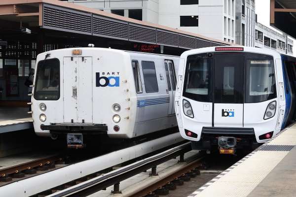 An San Francisco-bound train from BART's aging rolling stock pulls into the Pleasant Hill station alongside the next generation BART train which was open to the public in Pleasant Hill, Calif. on Saturday, Oct. 15, 2016.