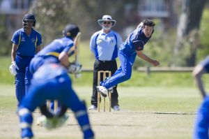 Queanbeyan bowler Guy Gillespie during the One Day Gallop Cup - North Canberra-Gungahlin v Queanbeyan at Harrison.