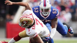 BUFFALO, NY - OCTOBER 16:   Zach Brown #53 of the Buffalo Bills sacks Colin Kaepernick #7 of the San Francisco 49ers ...