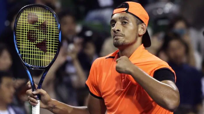 Australia's Nick Kyrgios reacts after winning over Gael Monfils of France during the semifinal match of Japan Open tennis championships in Tokyo, Saturday, Oct. 8, 2016. (AP Photo/Koji Sasahara)