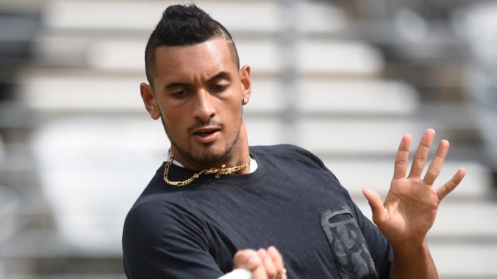 Australia's Nick Kyrgios during a training session on the grass court at the Sydney Olympic Park Tennis Centre for the Davis Cup match between Australia and Slovakia in Sydney, Thursday, Sept. 15, 2016. Australia take on Slovakia in their Davis Cup match this weekend. (AAP Image/Dean Lewins) NO ARCHIVING