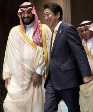 He gets around. Crown Prince Mohammed bin Salman, left, and Japanese Prime Minister Shinzo Abe.