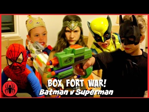 BOX FORT WAR! Nerf War Batman v Superman w Kid Deadpool Spiderman SuperHero Kids real life movie