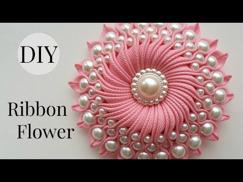 DIY Ribbon flower with beads/ grosgrain flowers with beads tutorial