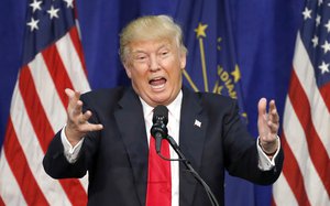 Republican presidential candidate, Donald Trump, speaks during a campaign stop Monday, May 2, 2016, in South Bend, Ind.